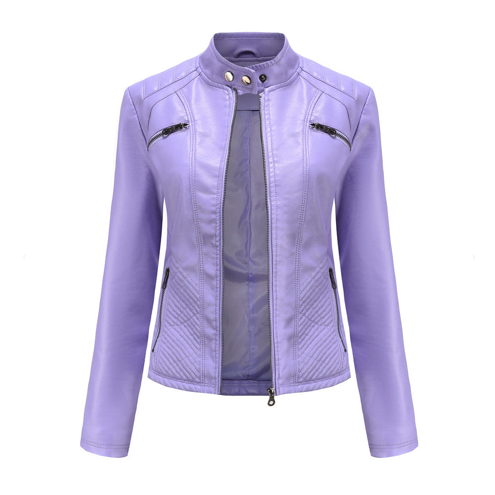 Purple leather jacket on a white background