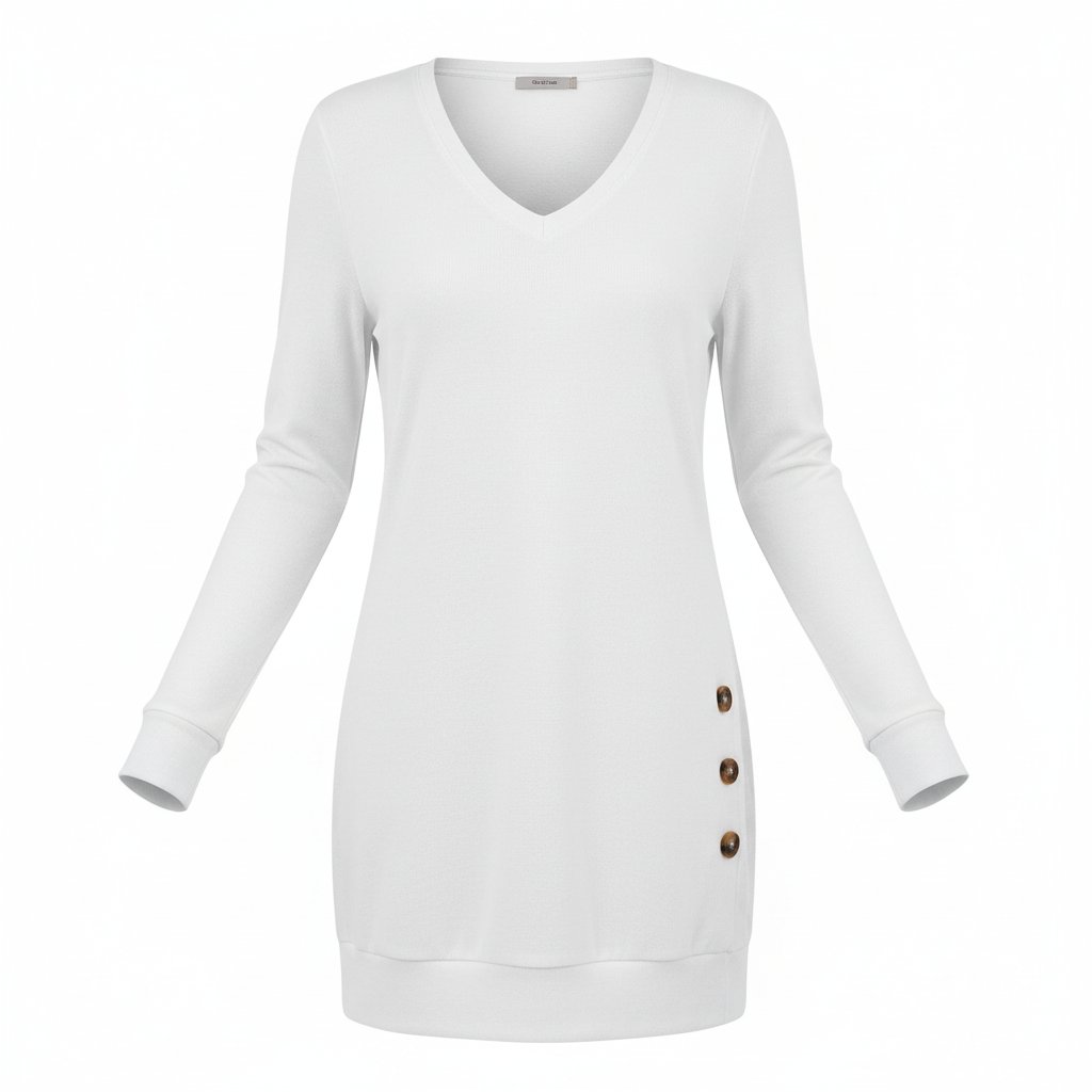 A woman wearing a white long-sleeve V-neck sweater with three dark brown buttons on the side, paired with blue jeans.