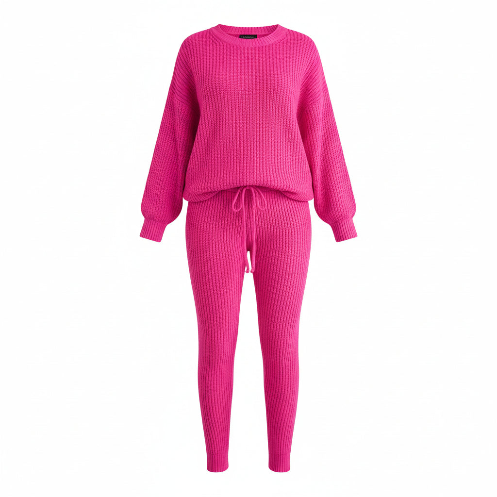 Person wearing a bright pink ribbed sweater and pants set, standing in a living room.