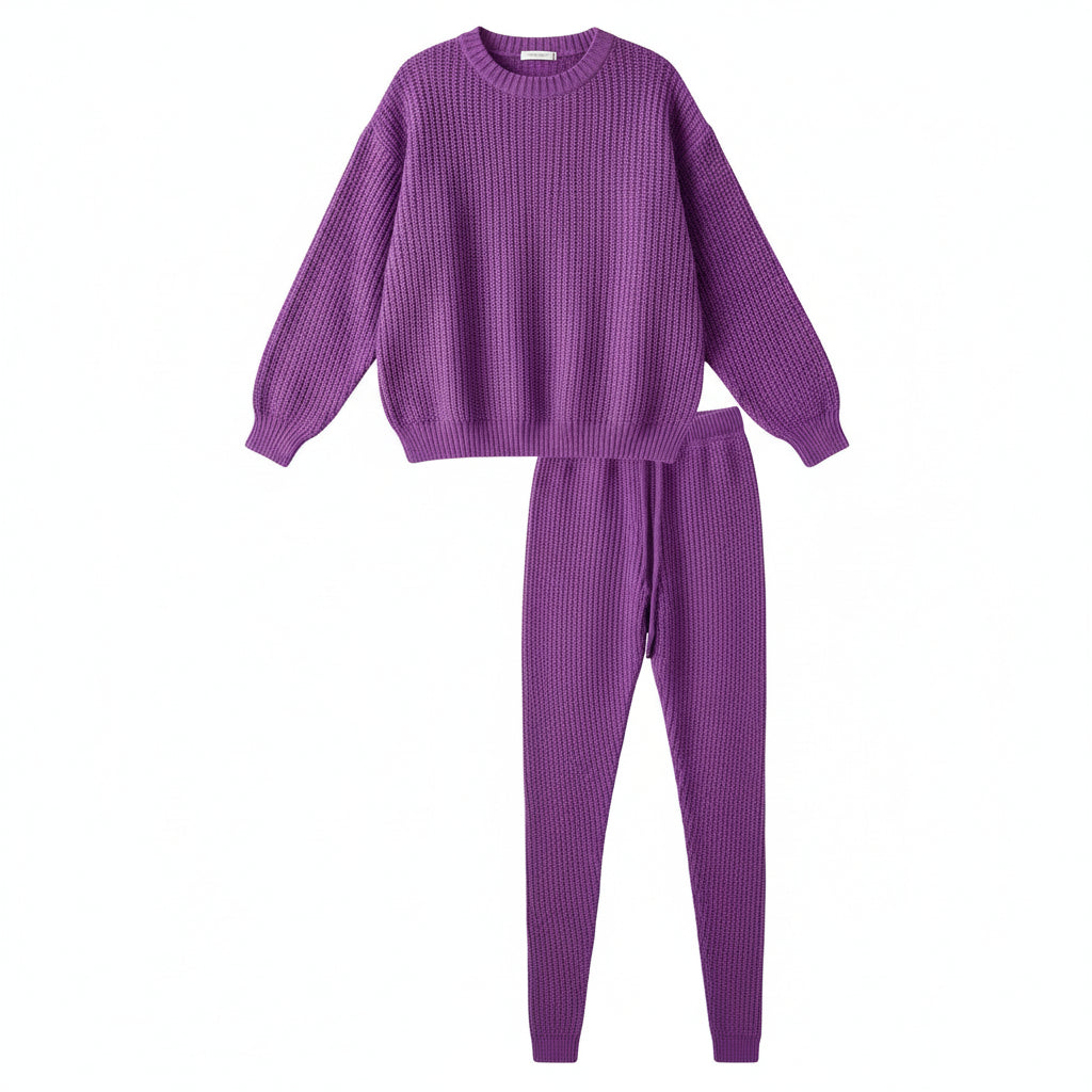 Person wearing a purple knit outfit with white sneakers in a living room setting.