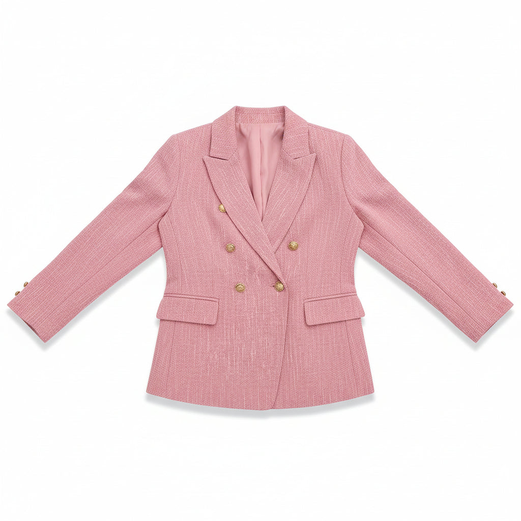 Person wearing a pink blazer with gold buttons, holding a white handbag on a white background
