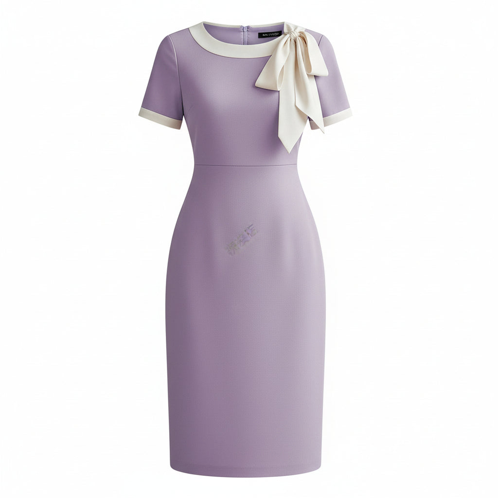 Woman wearing a lavender dress with a white bow and holding a black handbag against a decorative wall.