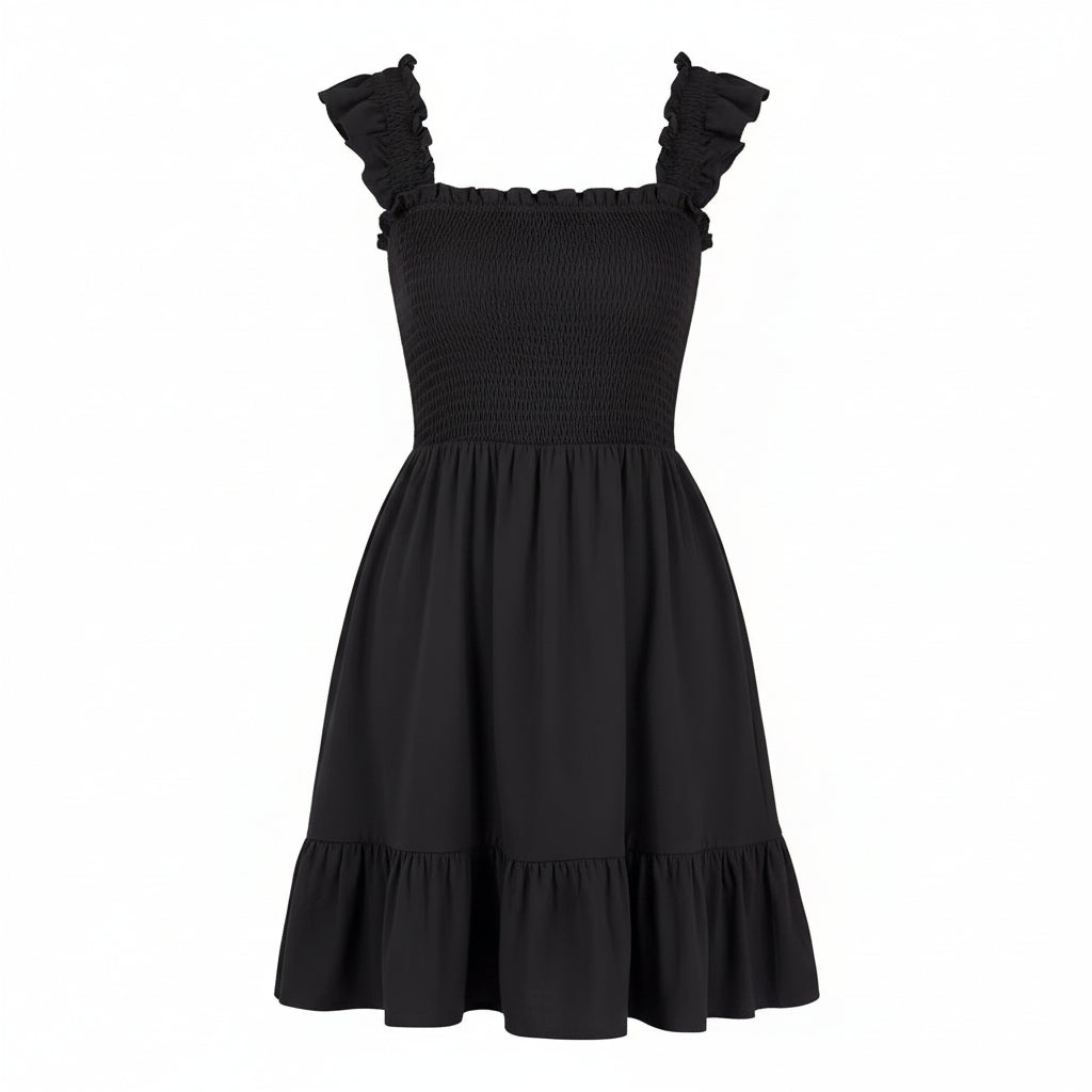Black dress with ruffled shoulders on a white background