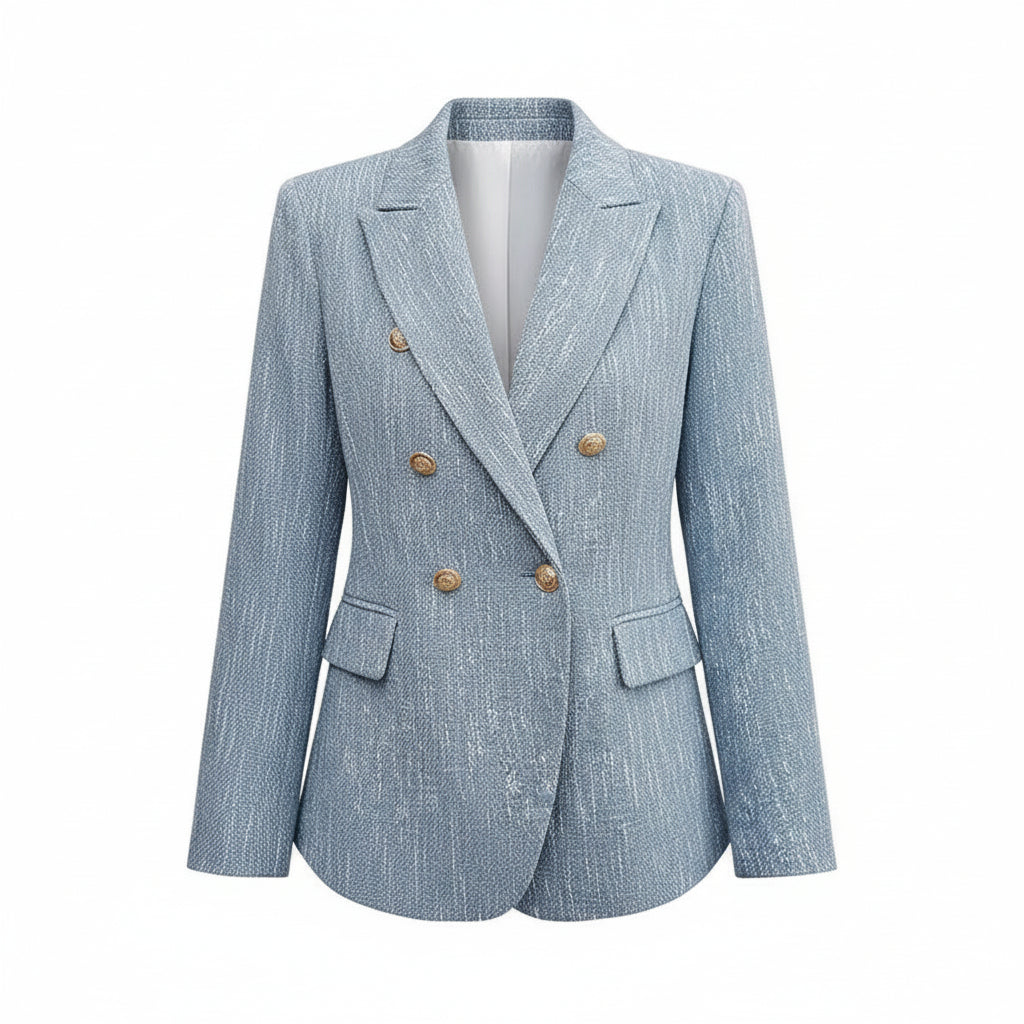 Woman wearing a light blue blazer with gold buttons, holding a white handbag.