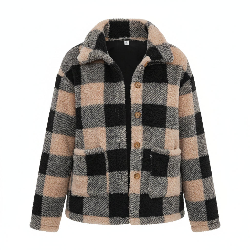 Woman wearing a plaid coat on a city street