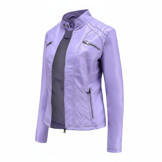 Purple leather jacket with multiple color options displayed on a white background