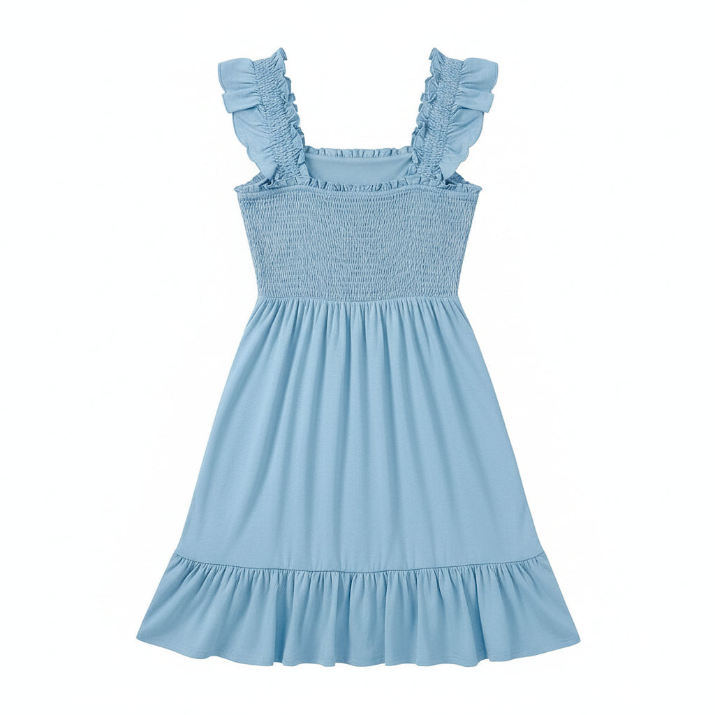 Light blue dress with ruffled sleeves and hem, held by a person against a plain background