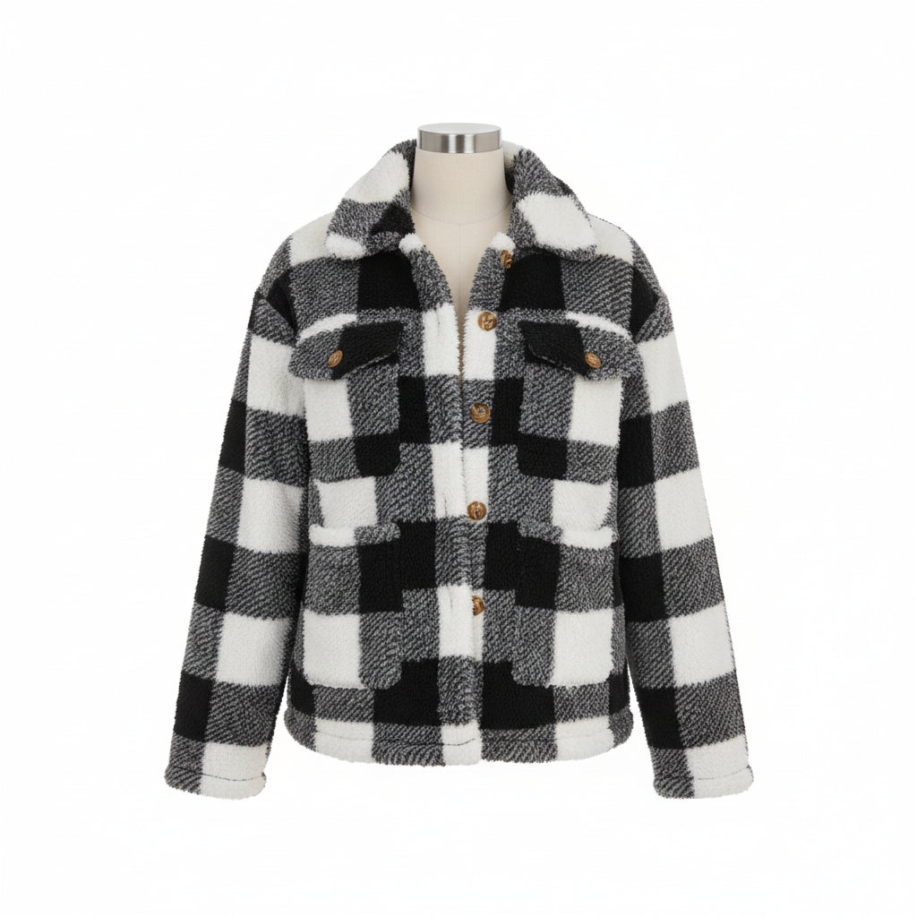 Woman wearing a black and white checkered coat on a city street.