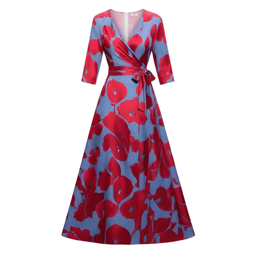 Woman wearing a red and blue floral dress on a gray background