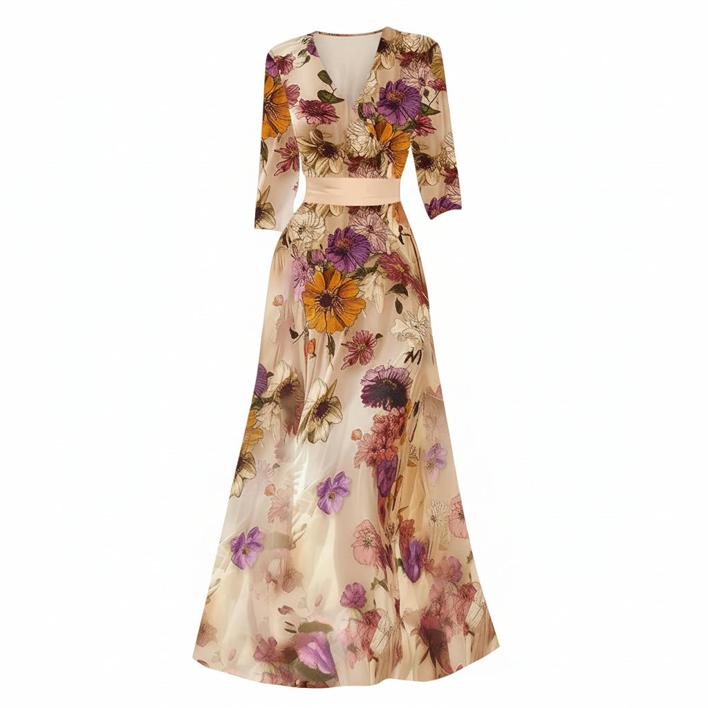 Woman wearing a floral dress on a runway with a blurred background