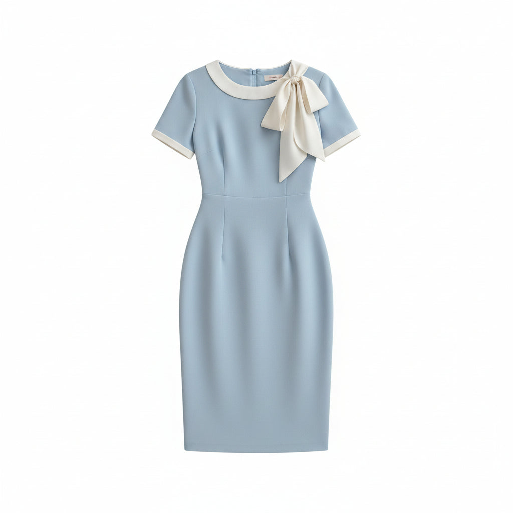 Woman wearing a light blue dress with a white bow and holding a black handbag against a decorative wall.