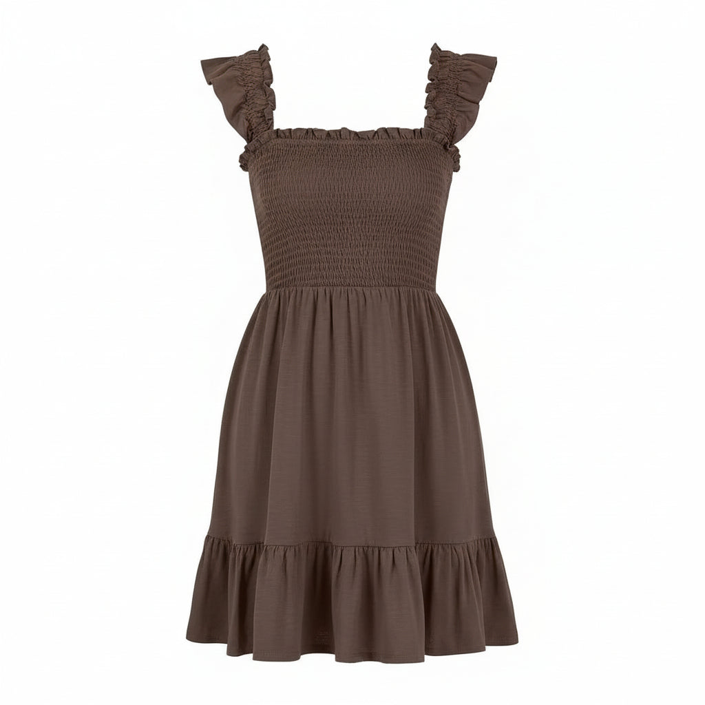 Brown dress with ruffled cap sleeves on a white background