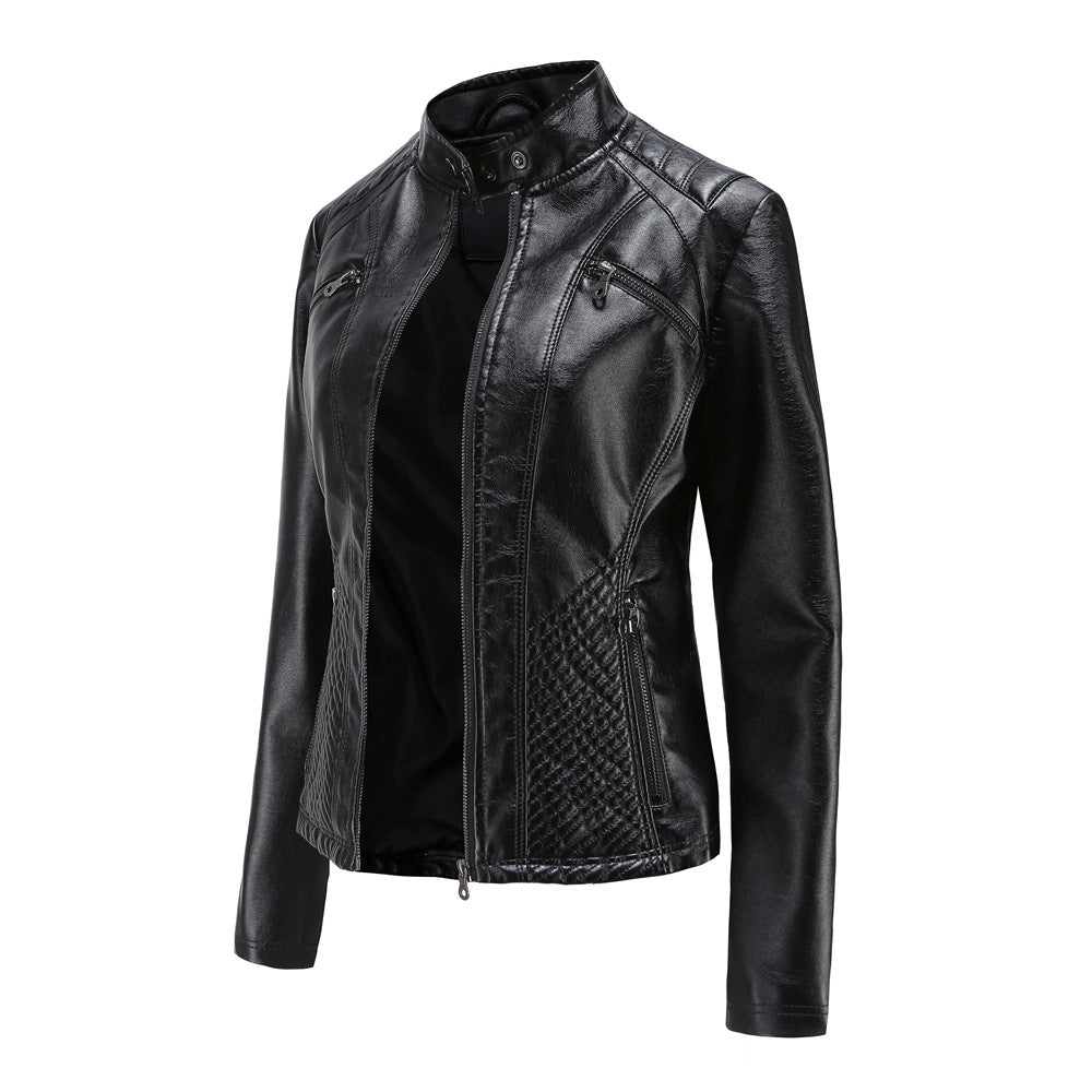 Black leather jacket with quilted design on a white background