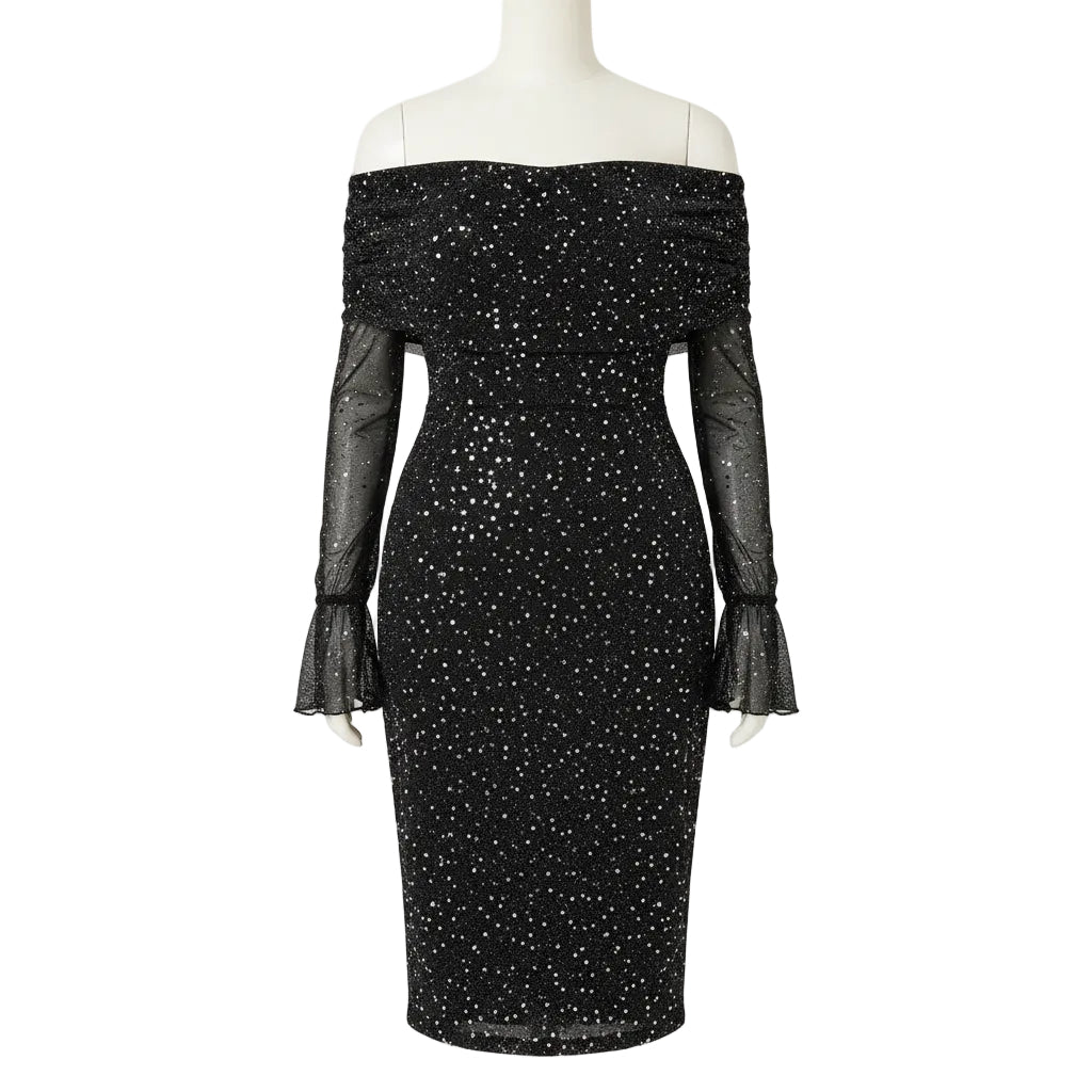 Black off-shoulder dress with long sleeves worn by a person against a neutral background