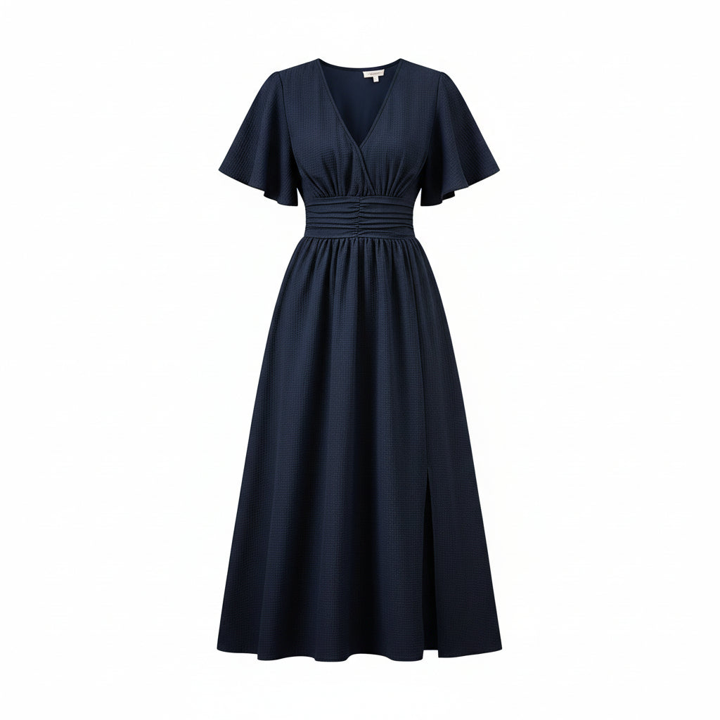 Woman wearing a navy blue dress with a cactus plant in the background