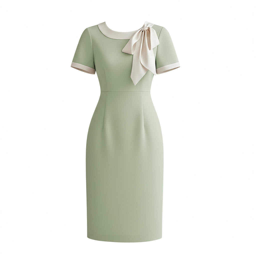 Woman wearing a light green dress with a white bow and holding a black handbag against a neutral background.