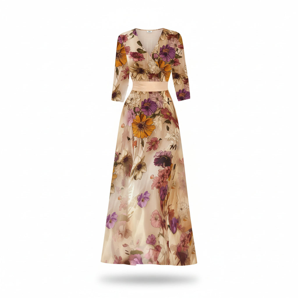 Model wearing a floral dress on a runway