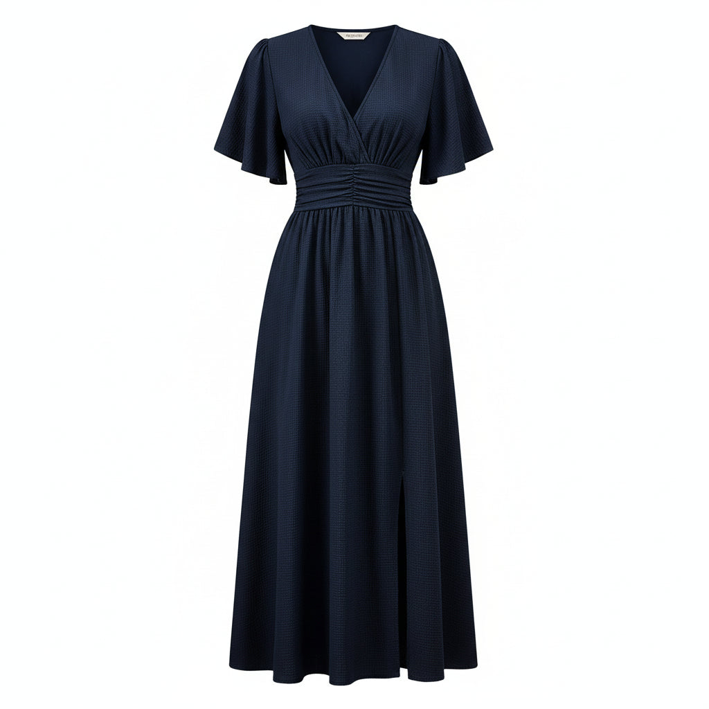 Woman wearing a navy blue dress with a cactus plant in the background
