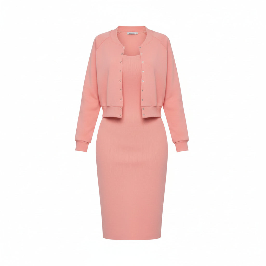 Woman wearing a pink outfit with a matching jacket and skirt in an outdoor setting.