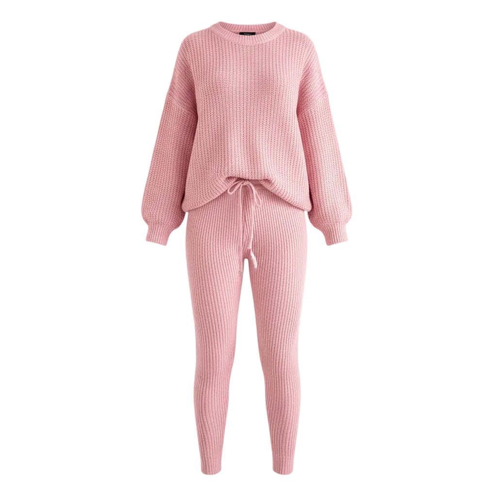 Person wearing a pink ribbed lounge set in a living room.