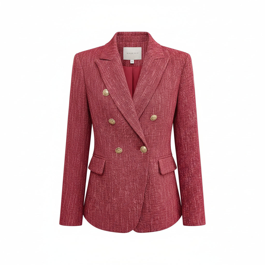 Woman wearing a red blazer with gold buttons, holding a white handbag on a white background