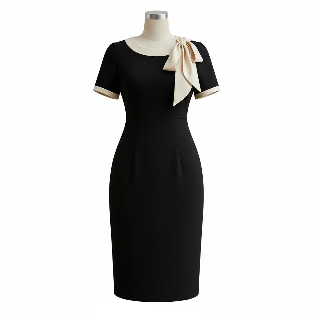 Woman in a black dress with a white bow holding a black handbag against a neutral wall.