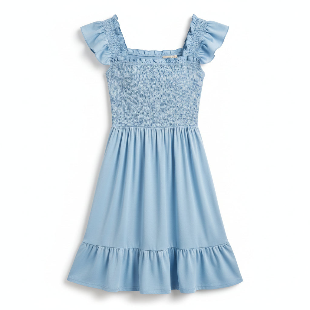 Woman wearing a light blue dress against a plain background