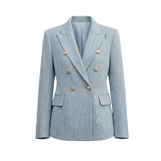 Light blue blazer worn by a person on a white background