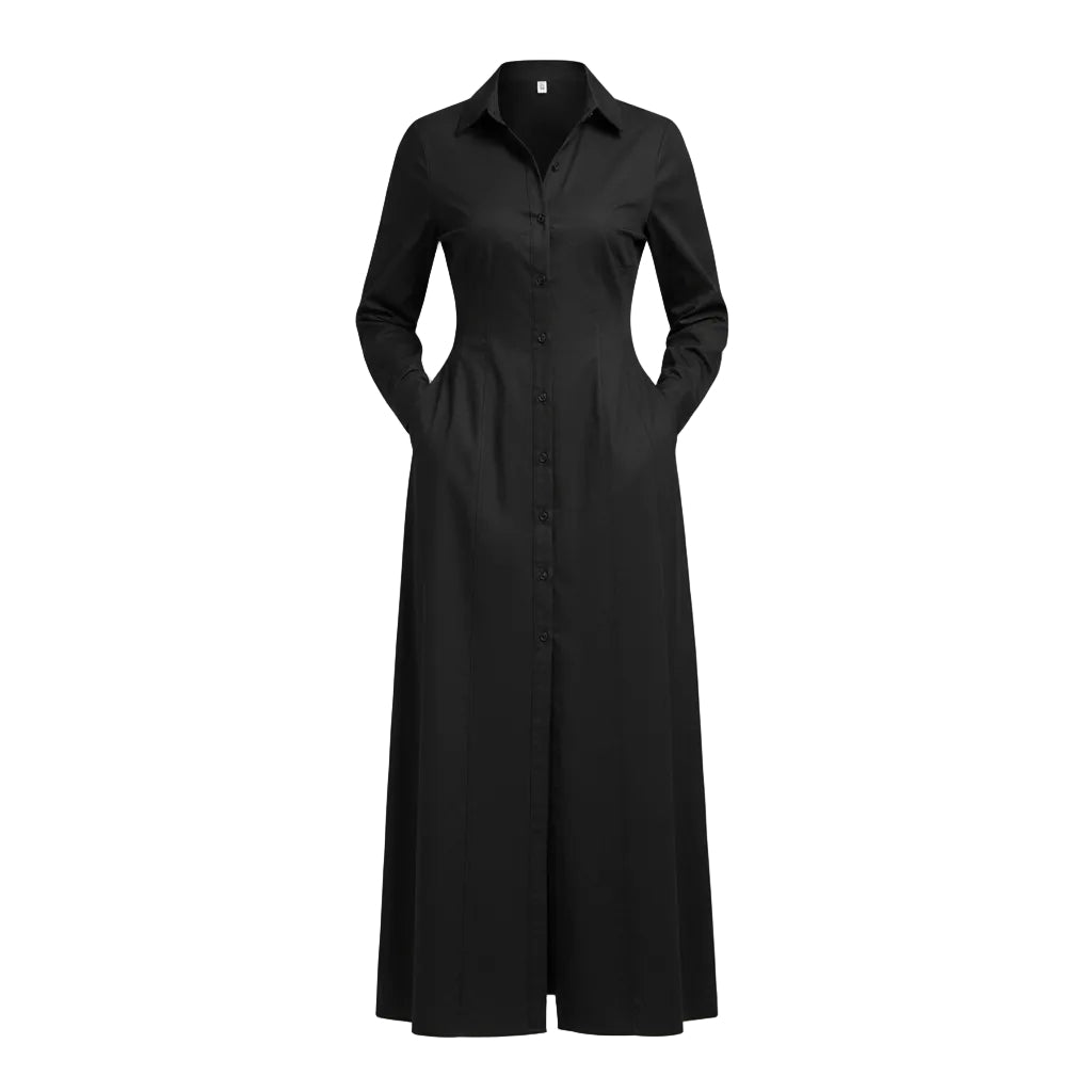 Person wearing a long black dress with a high slit in a room.