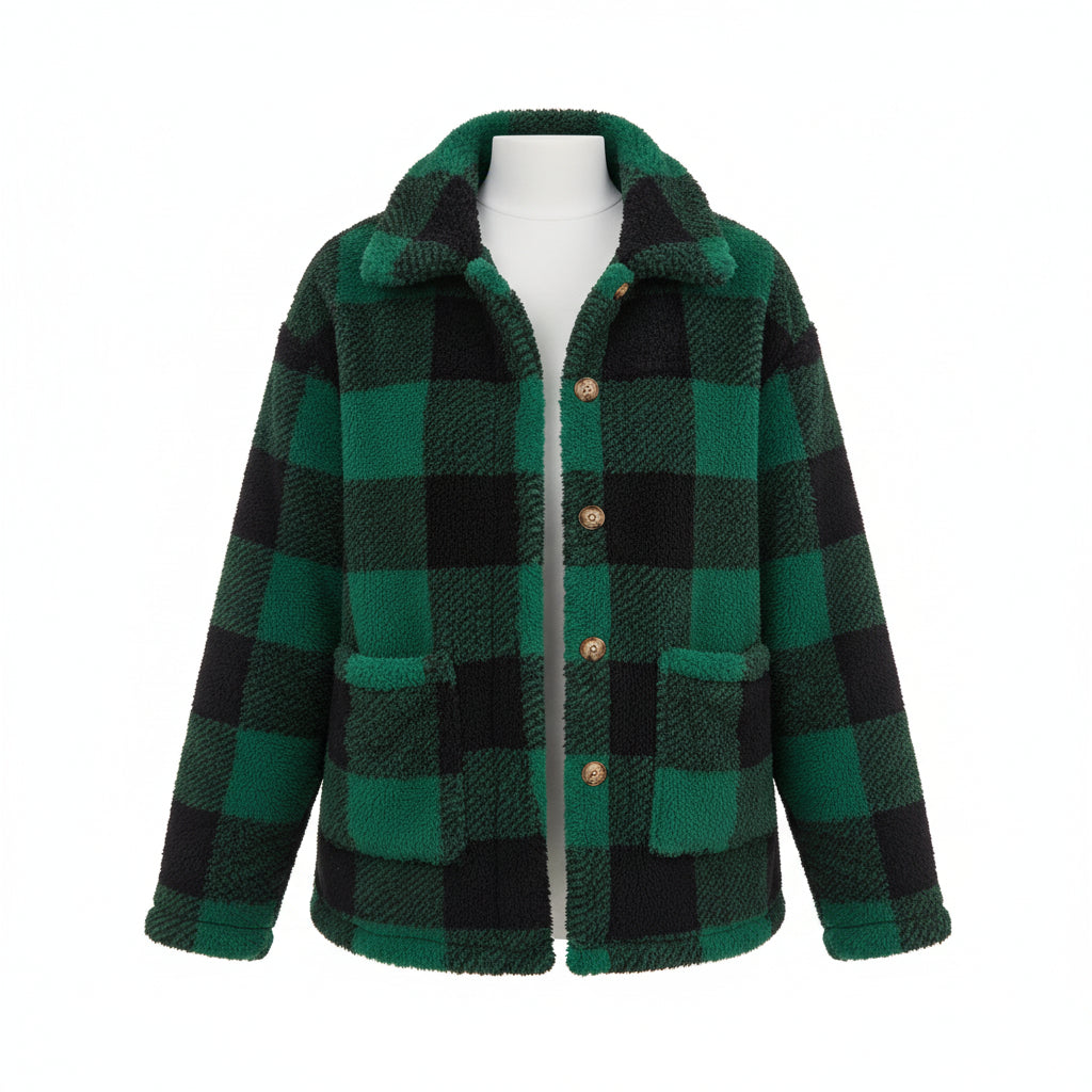Woman wearing a green and black checkered coat on a city street.