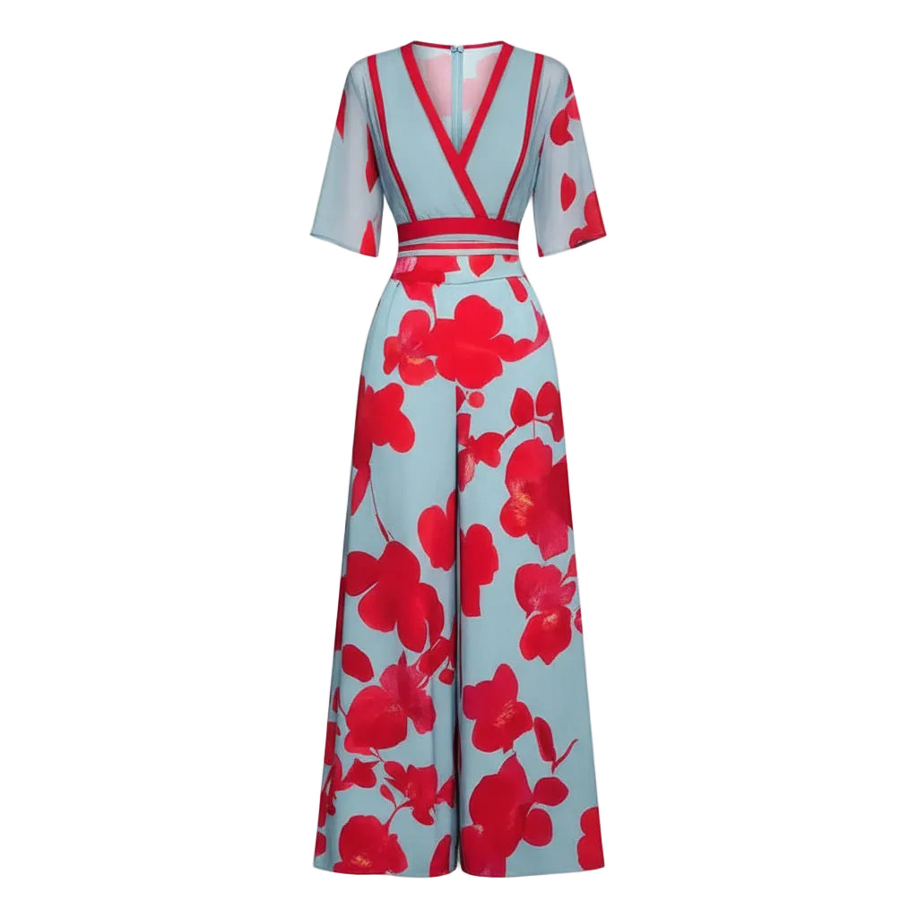 A model on a runway wearing a light blue maxi dress with bold red floral prints and red trim details.