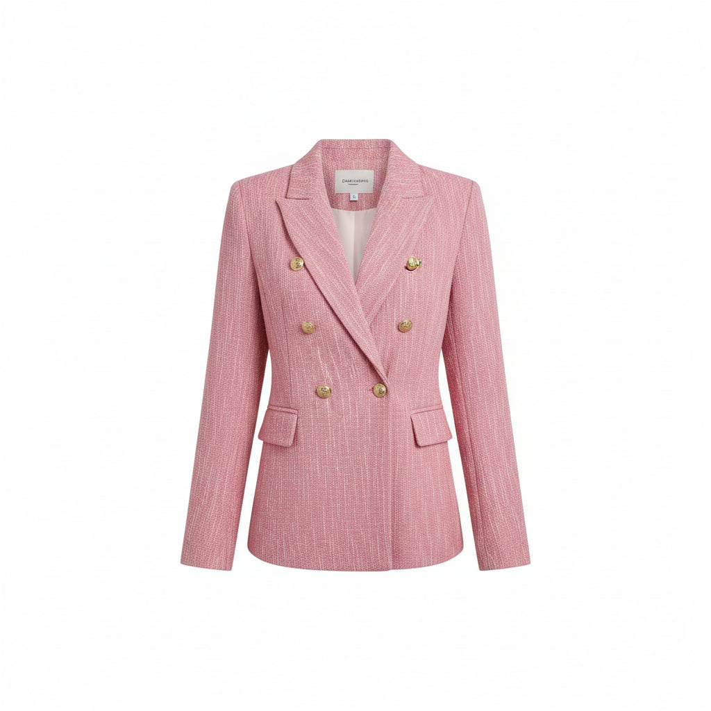 Woman wearing a pink blazer with gold buttons, holding a white handbag.