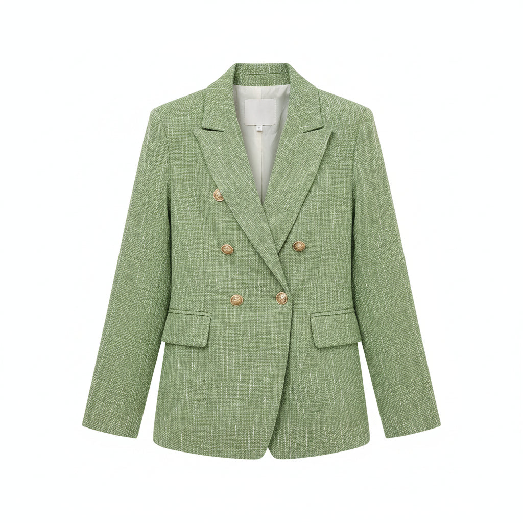 Woman wearing a green blazer with a white handbag on a white background