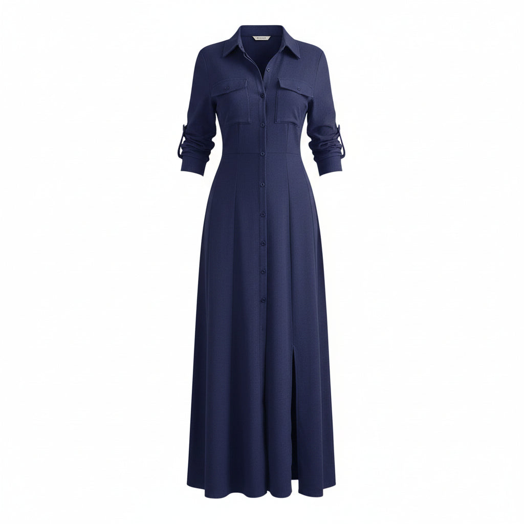 A woman models a navy blue maxi shirt dress with a high thigh slit, standing in a bright room with white paneled walls and a window. A vertical color swatch strip is on the left side of the image.
