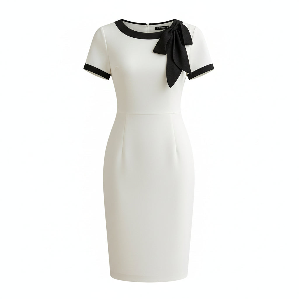 Woman wearing a white dress with black accents holding a black handbag against a neutral background