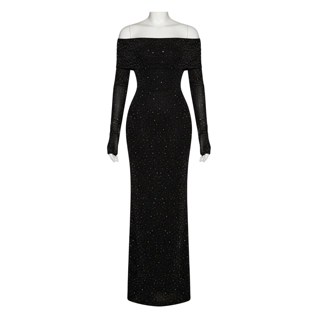 Woman wearing a black off-shoulder dress with long sleeves on a white background